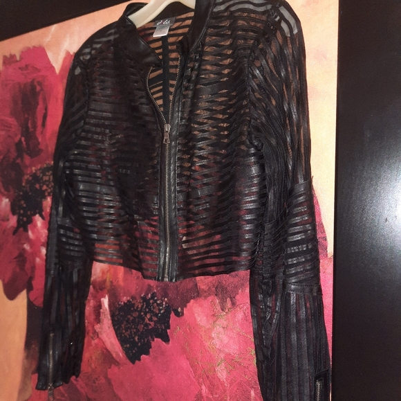 NWT SEXXXY NAUGHTY BLACK SHEER & LEATHER CROP JACKET SIZE MEDIUM VALENTINES 💝 - Picture 3 of 5